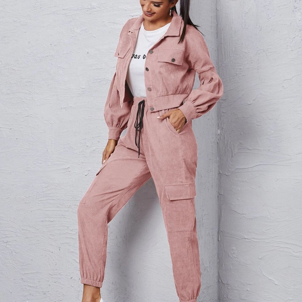 Dusty Pink Boho Womens Corduroy Flap Detail Jacket With Tie Front Cargo Pants - Picture 5 of 5